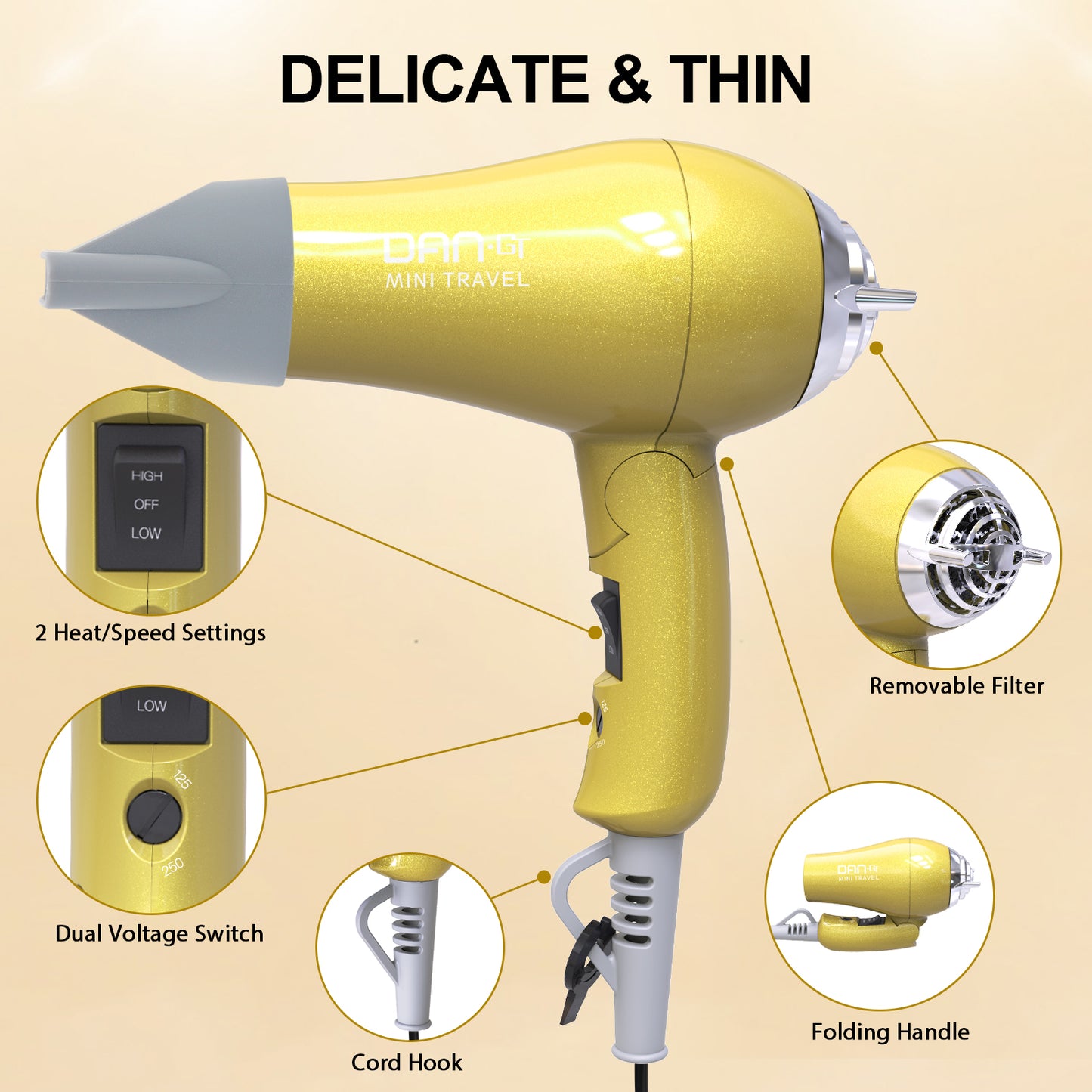 Mini Portable Hair Dryer 1200W, Travel-Friendly, Dual Voltage 125/250V, 2 Speed Settings