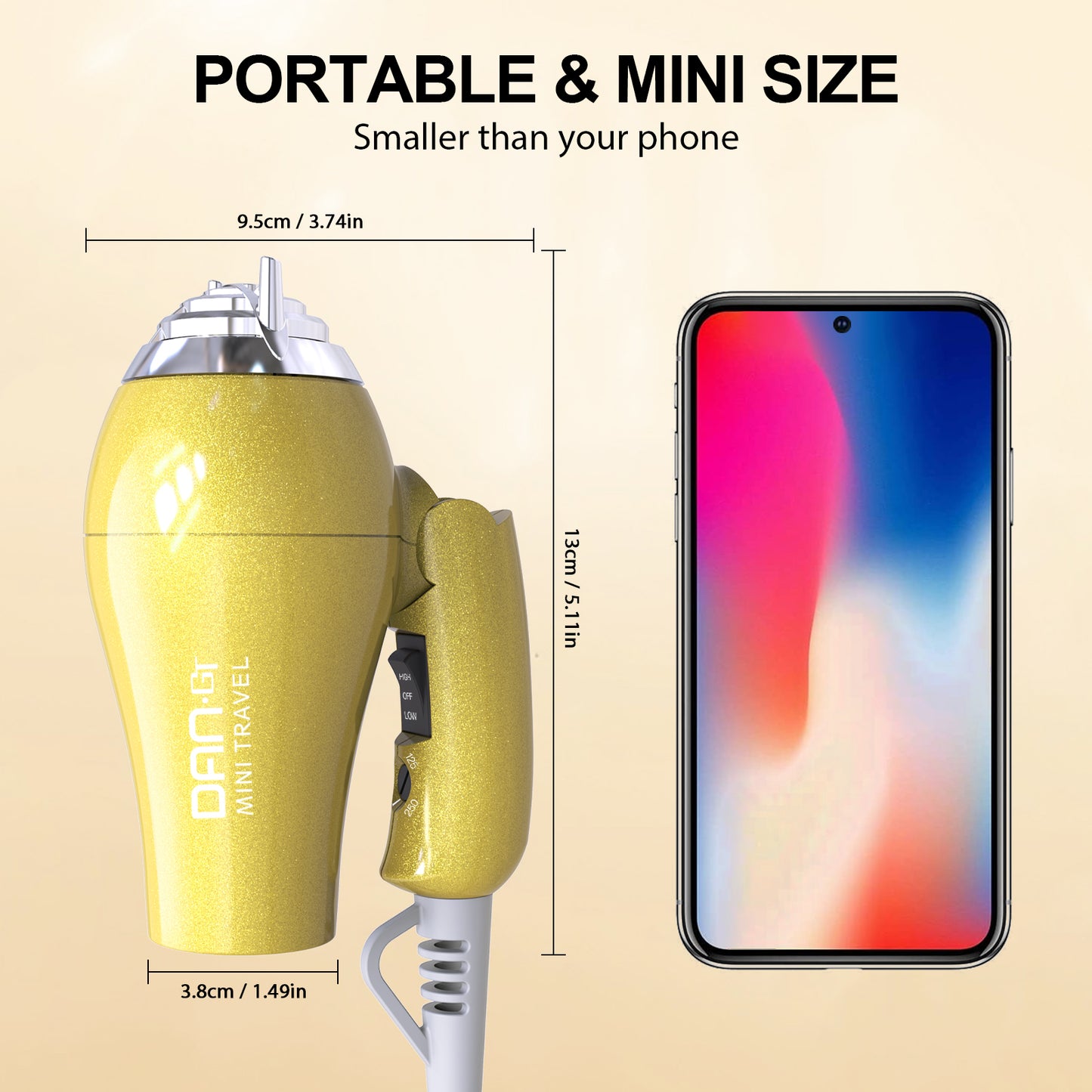 Mini Portable Hair Dryer 1200W, Travel-Friendly, Dual Voltage 125/250V, 2 Speed Settings