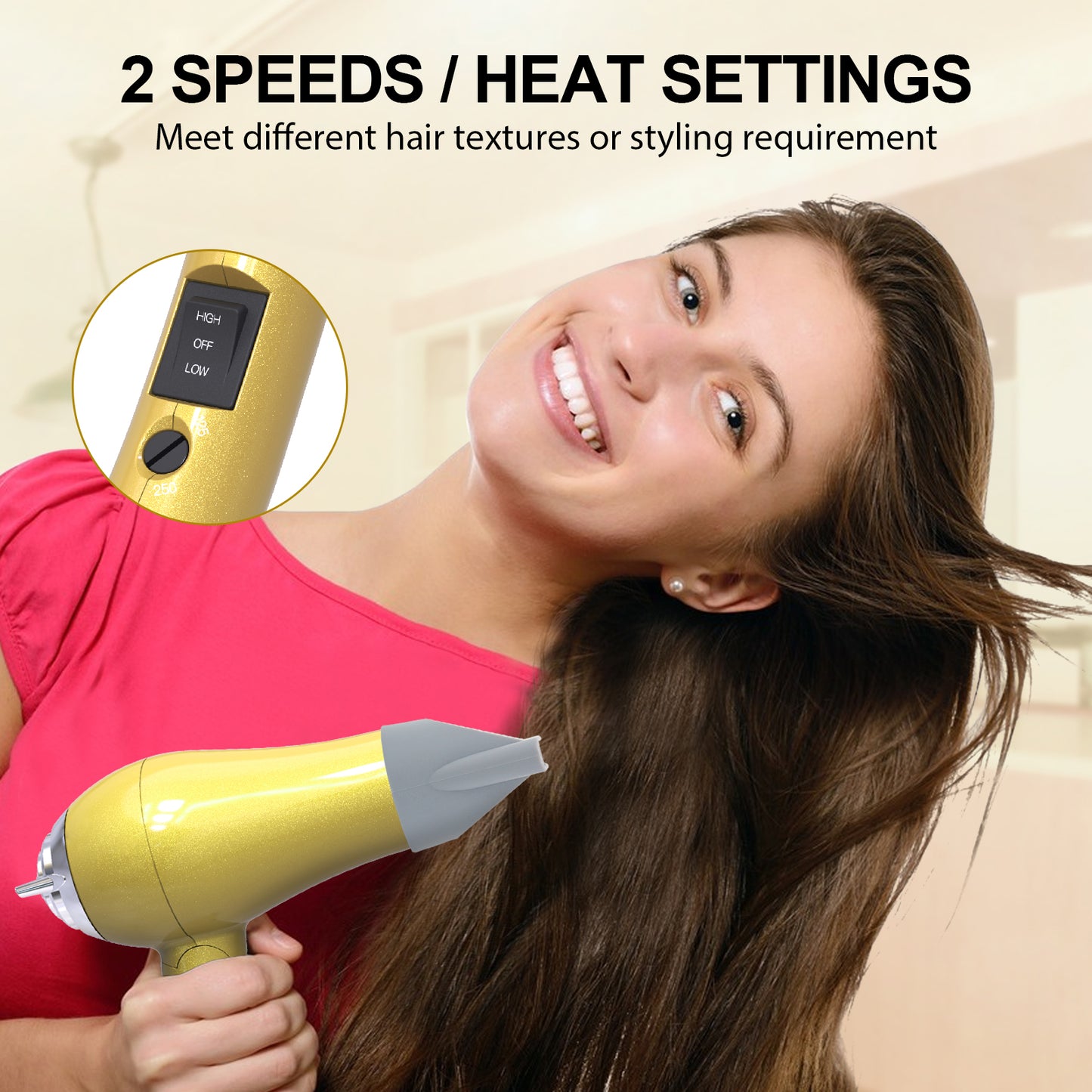 Mini Portable Hair Dryer 1200W, Travel-Friendly, Dual Voltage 125/250V, 2 Speed Settings