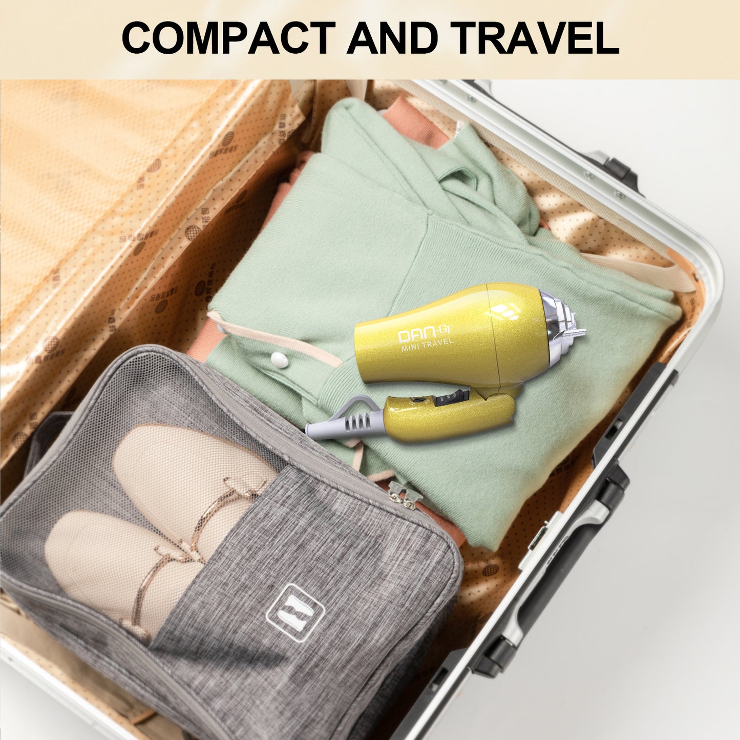 Mini Portable Hair Dryer 1200W, Travel-Friendly, Dual Voltage 125/250V, 2 Speed Settings