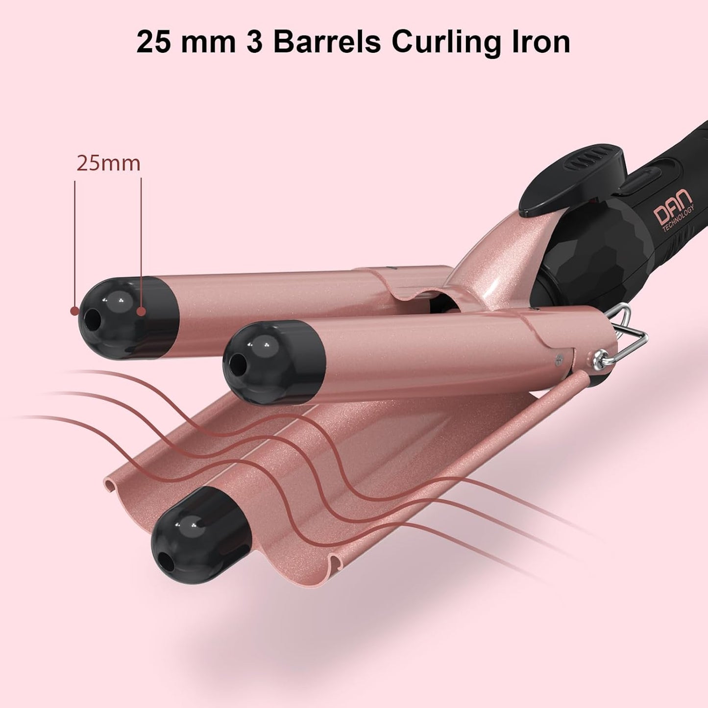 DAN Technology 3 Barrel Hair Curling Iron,Dual Voltage 1 inch Ceramic Hair Waver Hair Crimper Fast Heat,Rose gold