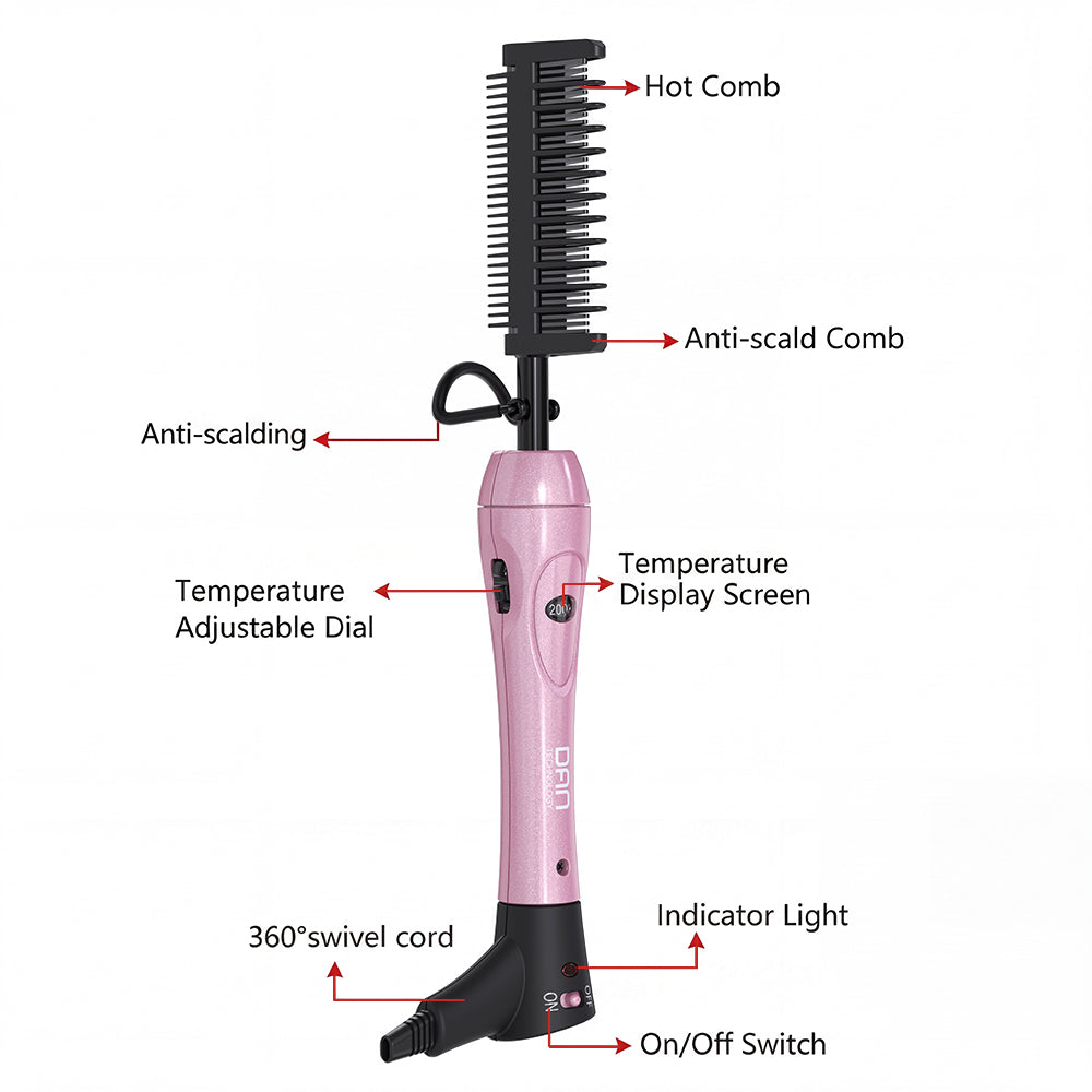 500 Degree hot comb for Natural Black Hair, Ceramic Heat Comb with 60 min Shut Off, Plug in Electric Straightener for Wigs, Temperature Adjustable pressing comb Pink
