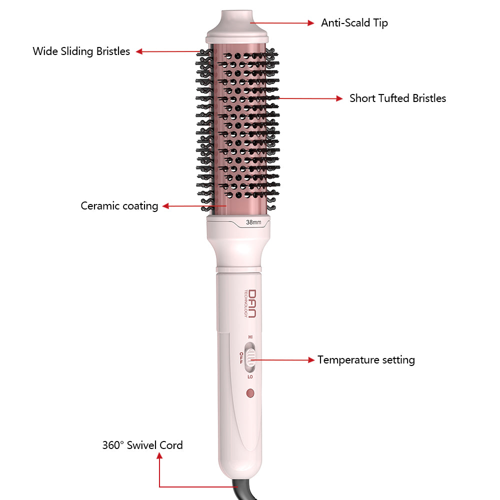 DAN 1.5 inch Thermal Brush,Non-Blowing Heated Brush,Dual Voltage Curling Brush,Dual PTC Fast Style Curling Brush,Makes Hair Shinier & Smoother,Pink