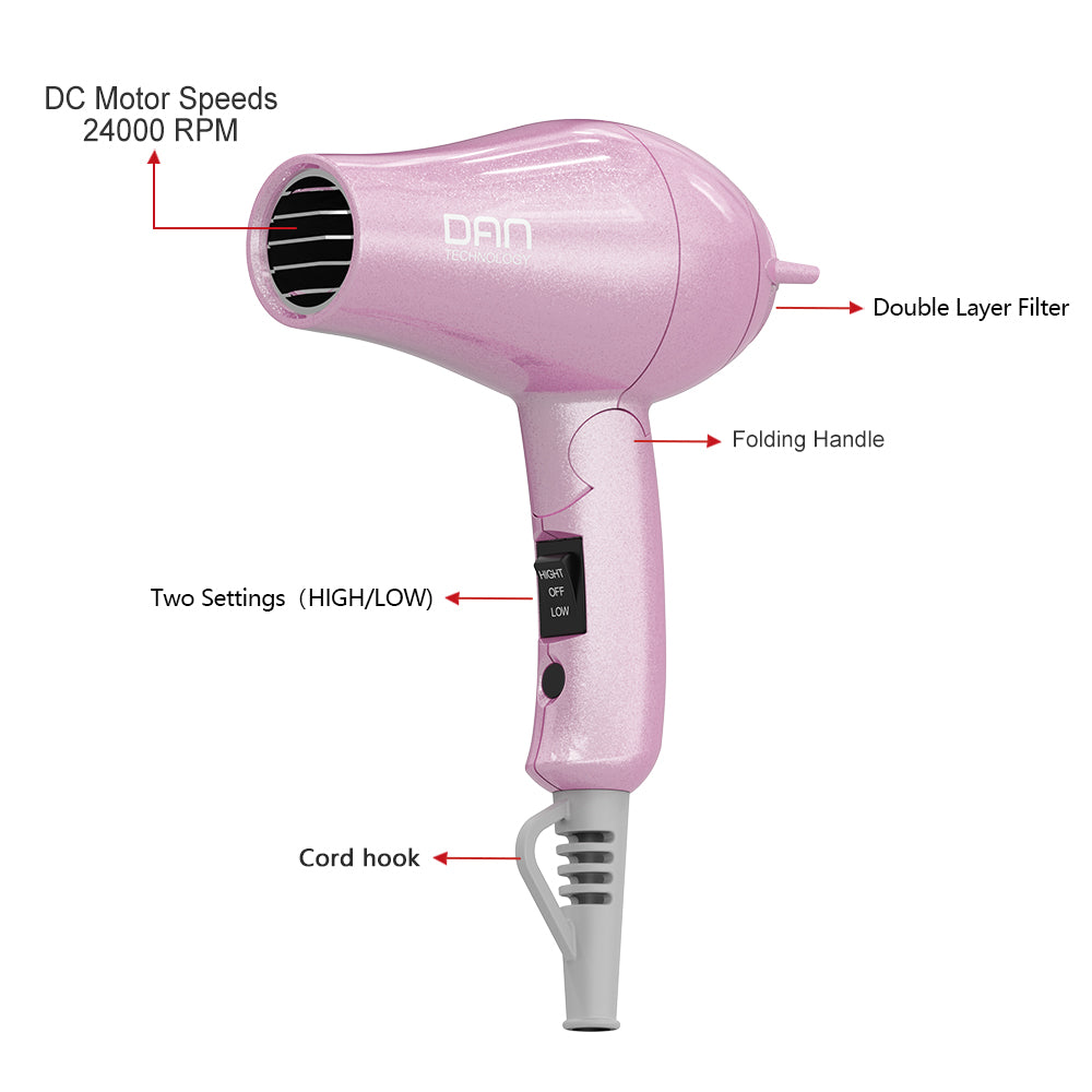 DAN Auto Dual Voltage Hair Dryer,Small hairdryer with Diffuser & Concentrator,Portable Dryer with Multi-Function Plug Adapter,Pink