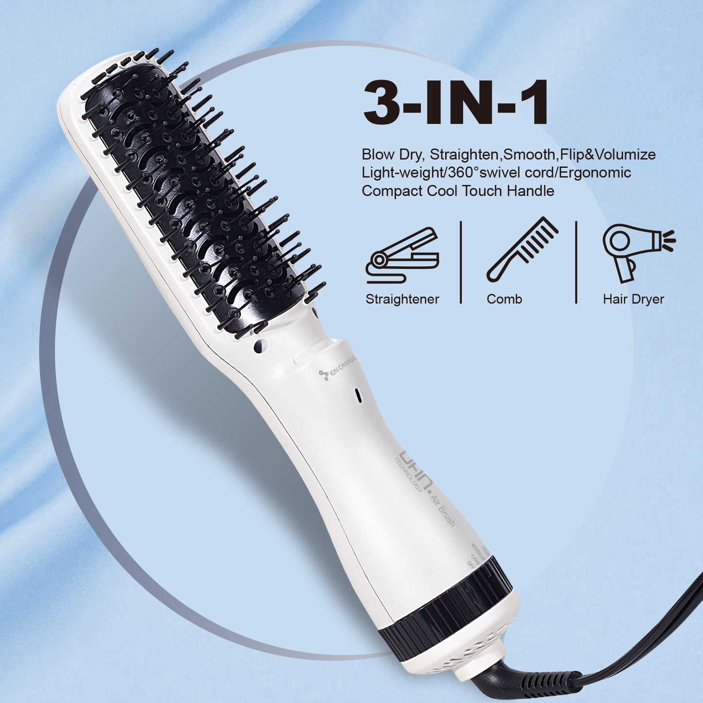 3 in 1 Ionic Hair Dryer Brush,2 inch Lightweight Hot Air Brush white