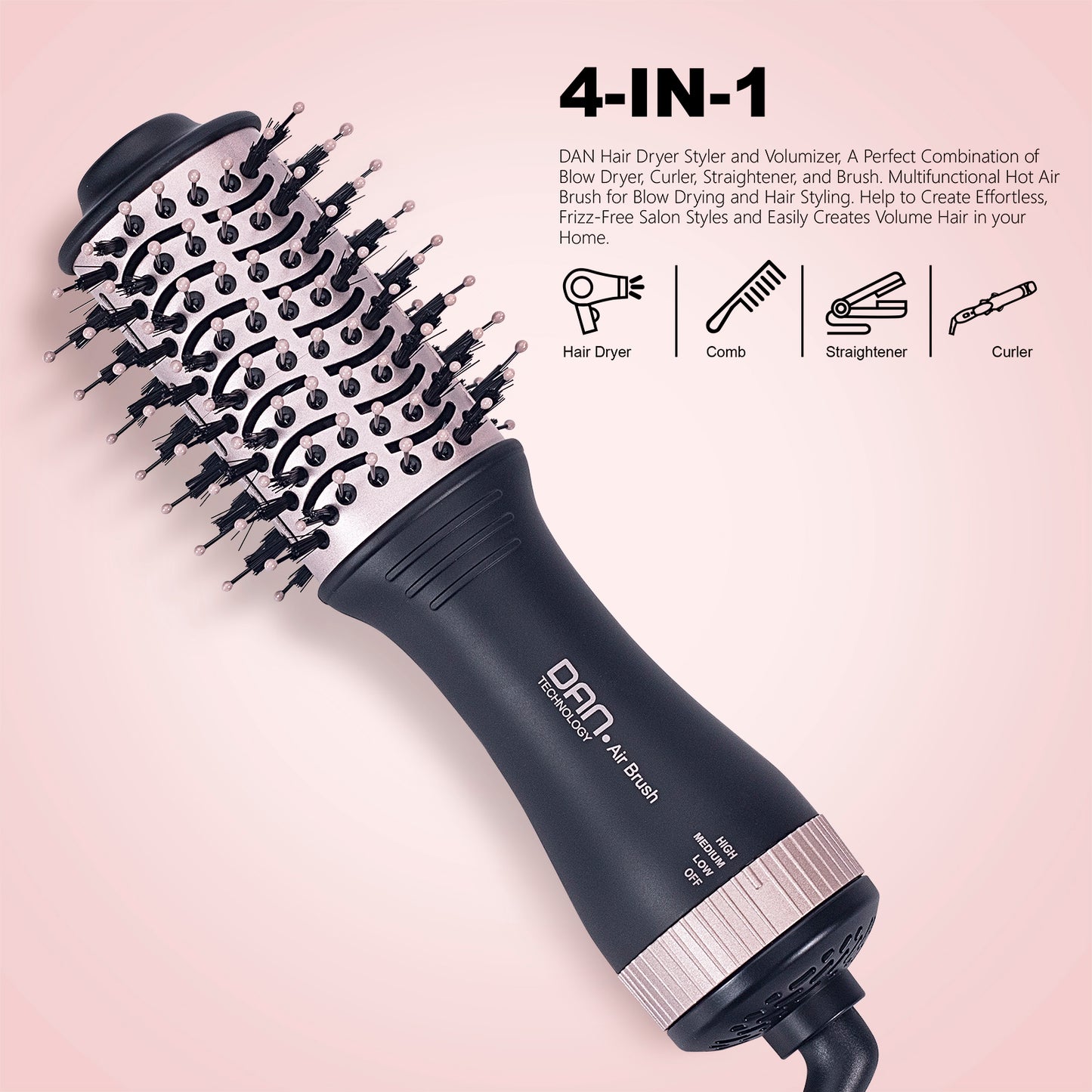 4 in 1 one Step hot air Brush Blow Dryer & Styler,2 inch Lightweight Hair Dryer Brush Rose gold