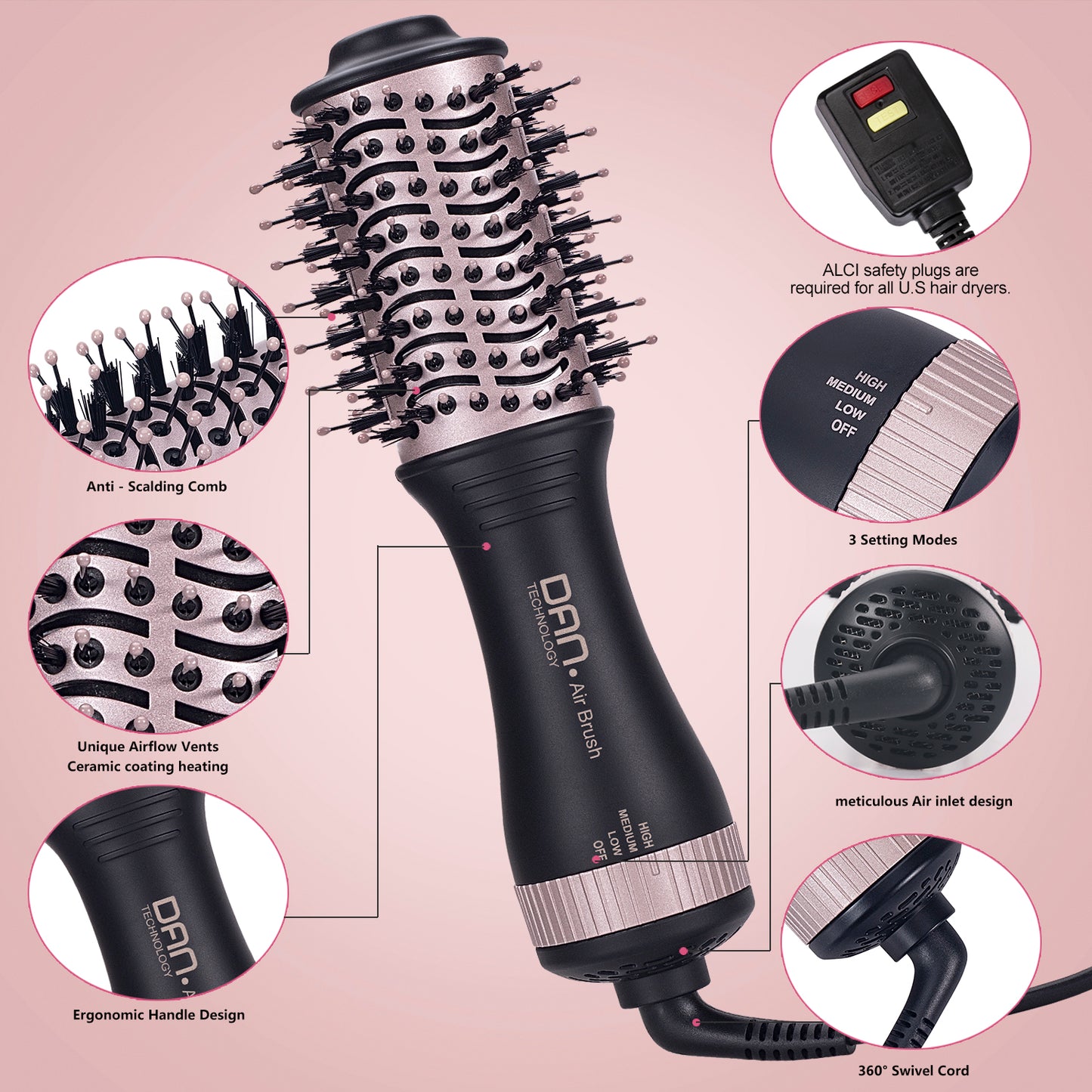 4 in 1 one Step hot air Brush Blow Dryer & Styler,2 inch Lightweight Hair Dryer Brush Rose gold