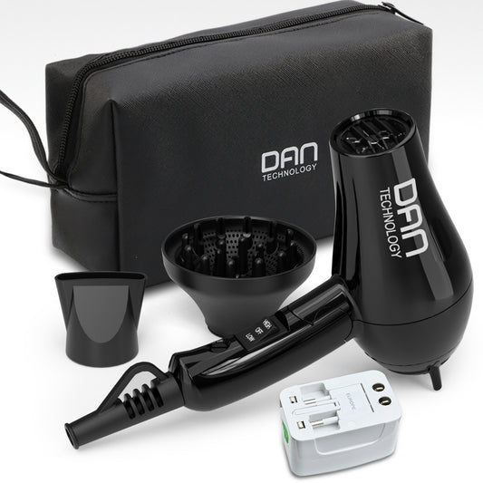 DAN Auto Dual Voltage Hair Dryer,Small hairdryer with Diffuser & Concentrator,Portable Dryer with Multi-Function Plug Adapter,Black