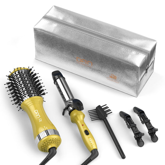 Hair Dryer Brush & Mini Curling Wand Set - 1 Inch Travel Set with 3 Temperature Settings