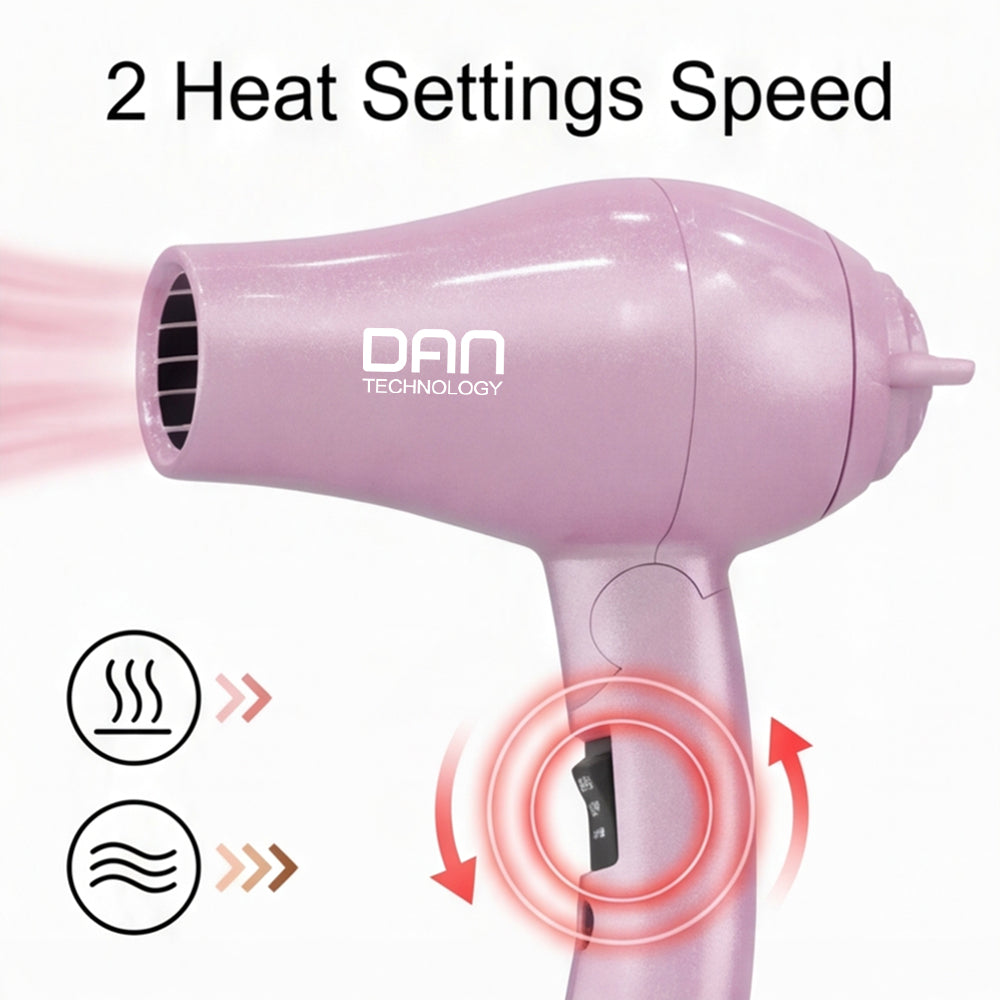 DAN Auto Dual Voltage Hair Dryer,Small hairdryer with Diffuser & Concentrator,Portable Dryer with Multi-Function Plug Adapter,Pink