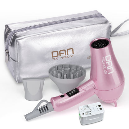 DAN Auto Dual Voltage Hair Dryer,Small hairdryer with Diffuser & Concentrator,Portable Dryer with Multi-Function Plug Adapter,Pink