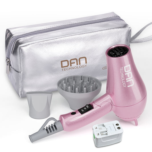 DAN Auto Dual Voltage Hair Dryer,Small hairdryer with Diffuser & Concentrator,Portable Dryer with Multi-Function Plug Adapter,Pink