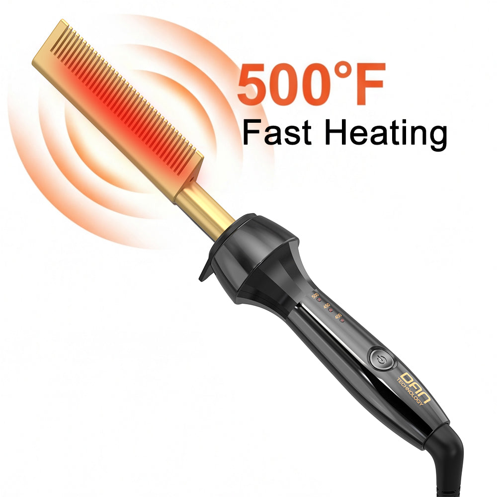 DAN Technology hot combs,500℉ hot comb straightener,electric hot comb,pressing comb for black hair,Temperatures Adjustable,60 Min Auto Shut Off, (gold)