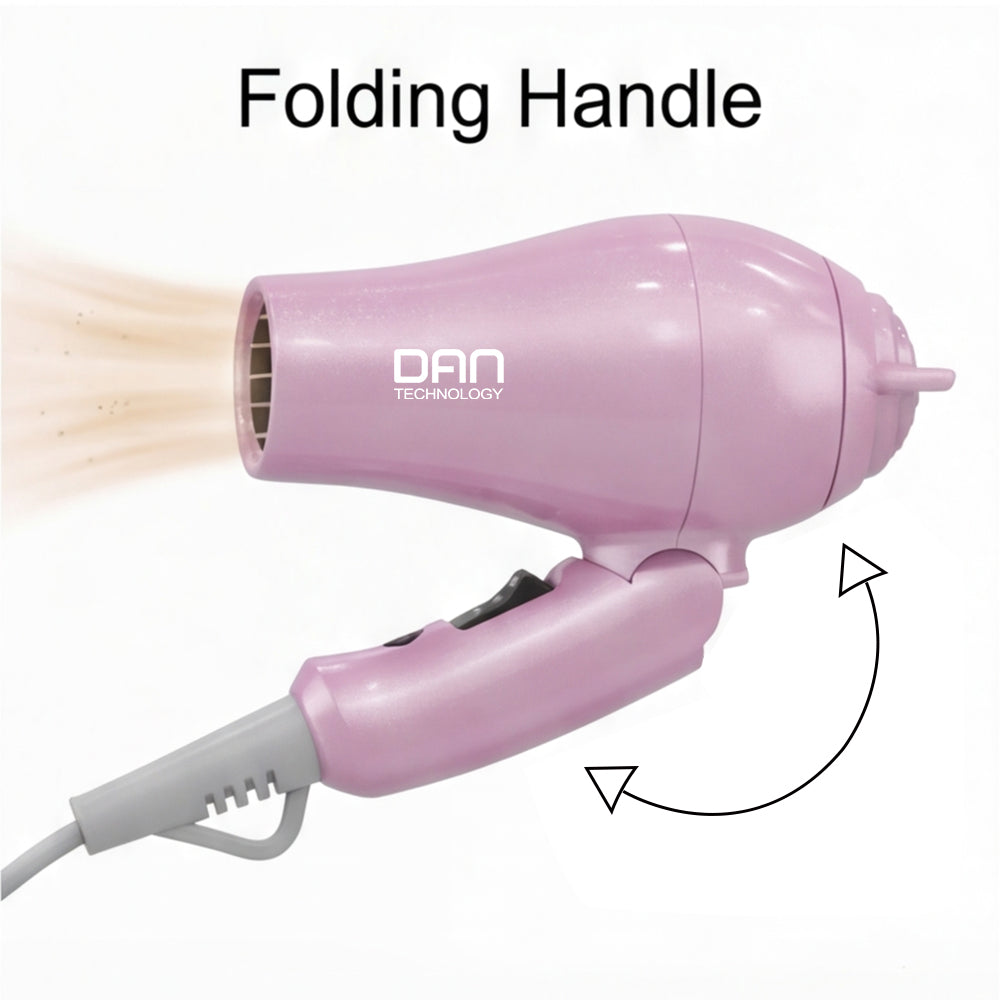 DAN Auto Dual Voltage Hair Dryer,Small hairdryer with Diffuser & Concentrator,Portable Dryer with Multi-Function Plug Adapter,Pink
