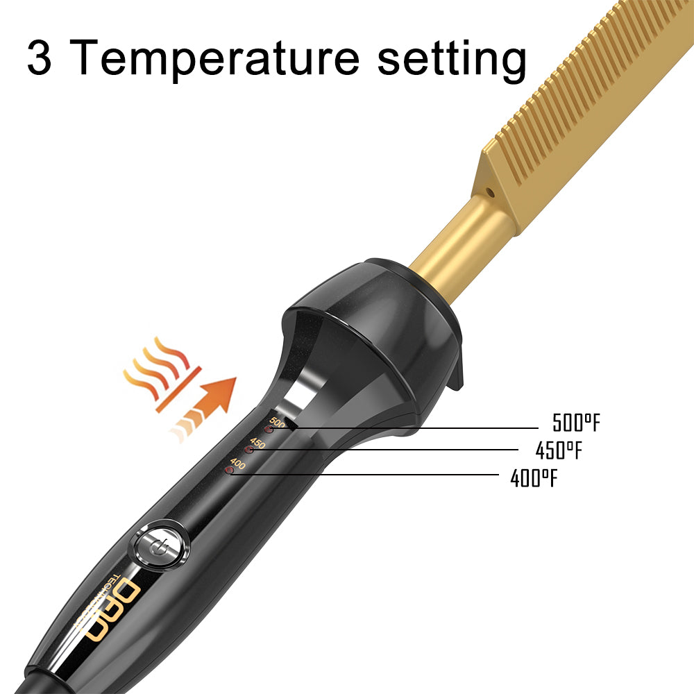 DAN Technology hot combs,500℉ hot comb straightener,electric hot comb,pressing comb for black hair,Temperatures Adjustable,60 Min Auto Shut Off, (gold)