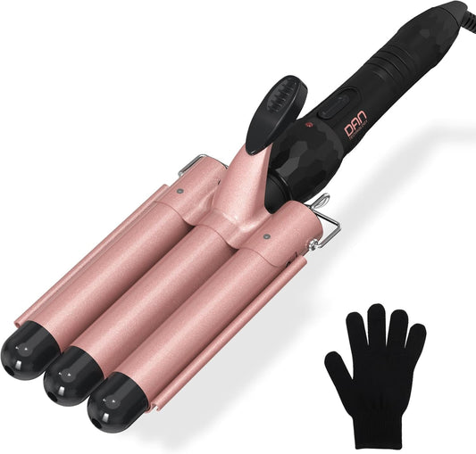 DAN Technology 3 Barrel Hair Curling Iron,Dual Voltage 1 inch Ceramic Hair Waver Hair Crimper Fast Heat,Rose gold