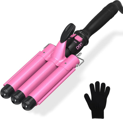 DAN Technology Ceramic 3 Barrel Curling Iron 1 inch Hair Waver Dual Voltage Hair Crimper Temperature Adjustable Hair Styling Curling Wands,Pink