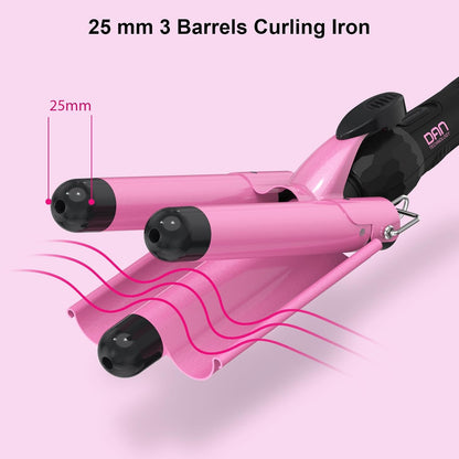 DAN Technology 3 Barrel Curling Iron Wand,1 inch Ceramic Hair Waver Dual Voltage Hair Curling Iron,Pink
