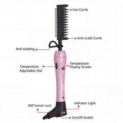 500 Degree hot comb for Natural Black Hair,  Ceramic Heat Comb with 60 min Shut Off, Plug in Electric Straightener for Wigs, Temperature Adjustable pressing comb  Pink