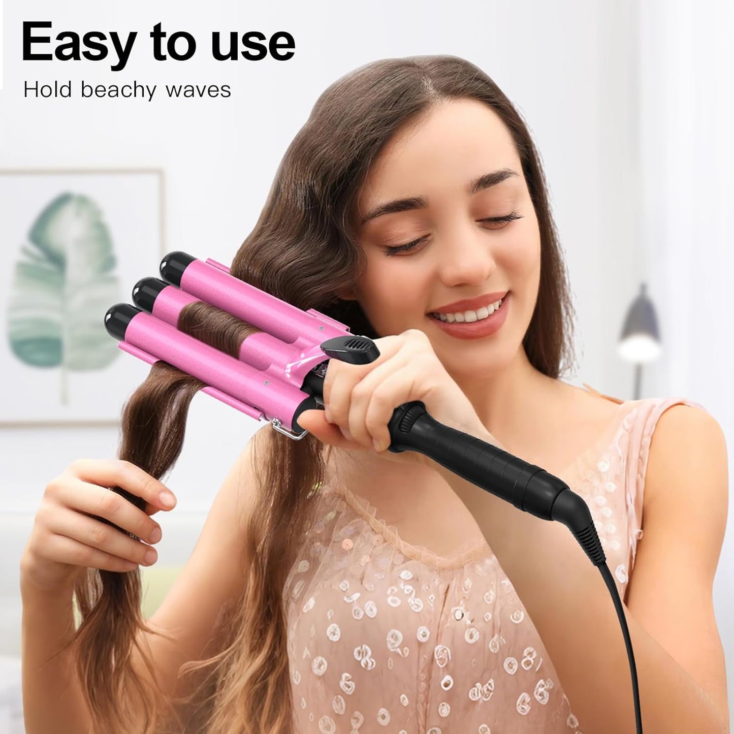 DAN Technology Ceramic 3 Barrel Curling Iron 1 inch Hair Waver Dual Voltage Hair Crimper Temperature Adjustable Hair Styling Curling Wands,Pink
