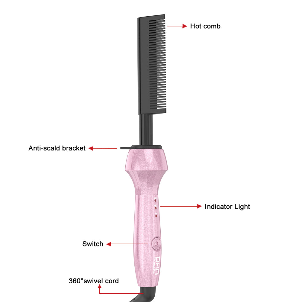 DAN Technology 500℉ hot Comb,Electric Hot Comb,Dual Voltage Pressing Comb, hot Comb Straightener for Wigs,Hot Comb for Black Hair, Temperatures Adjustable,60 Min Auto Shut Off, (Pink)