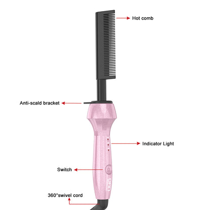 DAN Technology 500℉ hot Comb,Electric Hot Comb,Dual Voltage Pressing Comb, hot Comb Straightener for Wigs,Hot Comb for Black Hair, Temperatures Adjustable,60 Min Auto Shut Off, (Pink)