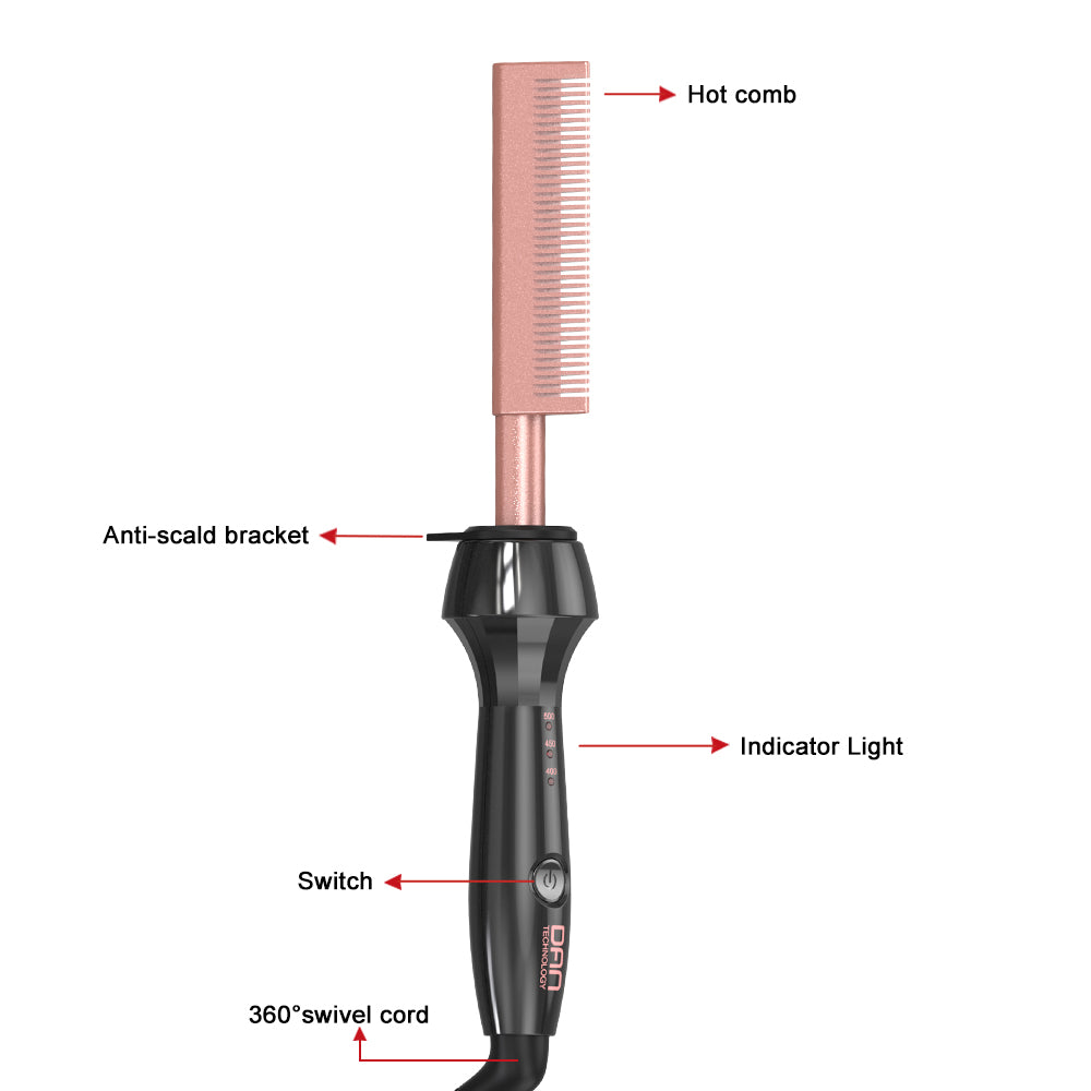 DAN Technology hot Comb Straightener,500℉ Plug in Hot Comb,hot Comb for Wigs,Heat Comb for Black Hair,Dual Voltage Electric hotComb, Temperatures Adjustable,60 Min Auto Shut Off, (Rose Gold)
