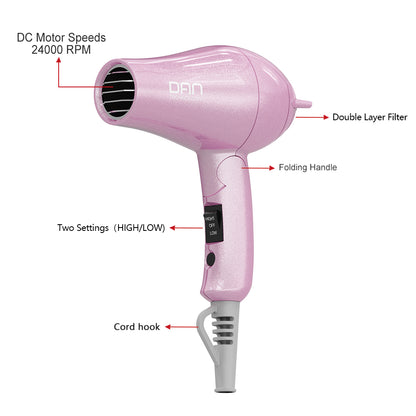 DAN Auto Dual Voltage Hair Dryer,Small hairdryer with Diffuser & Concentrator,Portable Dryer with Multi-Function Plug Adapter,Pink