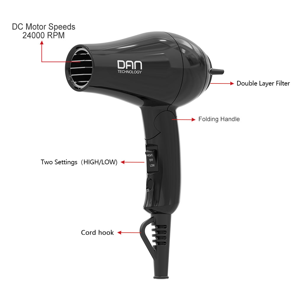 DAN Auto Dual Voltage Hair Dryer,Small hairdryer with Diffuser & Concentrator,Portable Dryer with Multi-Function Plug Adapter,Black