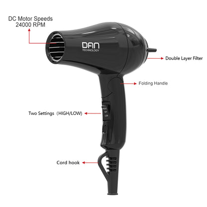 DAN Auto Dual Voltage Hair Dryer,Small hairdryer with Diffuser & Concentrator,Portable Dryer with Multi-Function Plug Adapter,Black