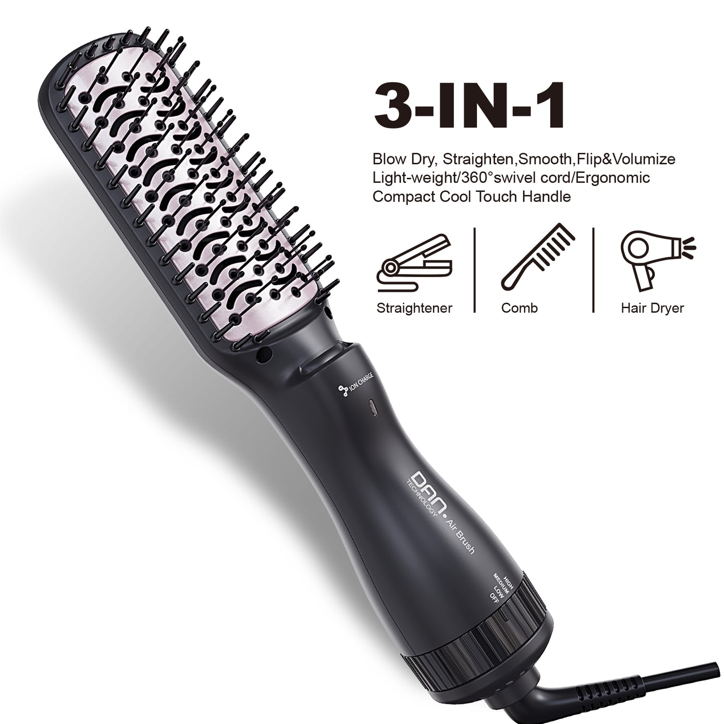 3 in 1 Ionic Hair Dryer Brush,2 inch Lightweight Hot Air Brush black