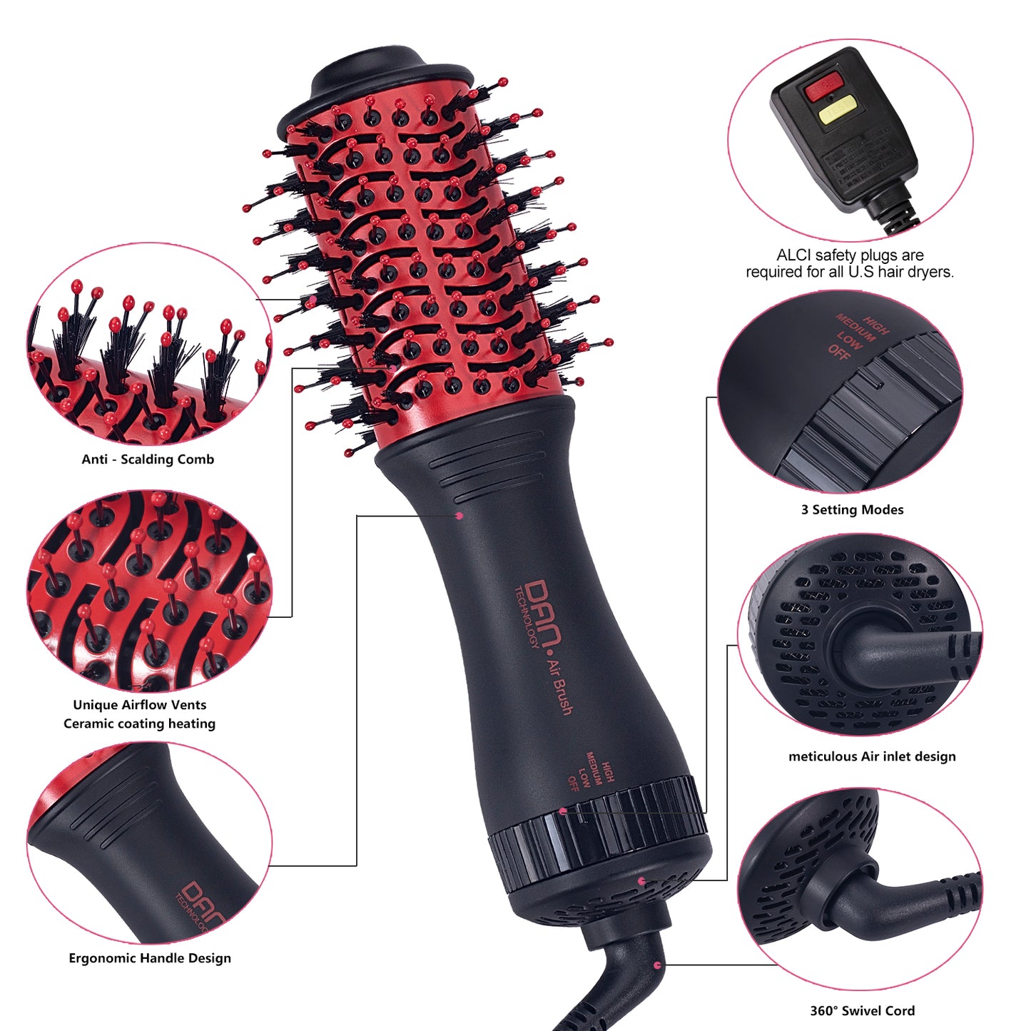 4 in 1 one Step hot air Brush Blow Dryer & Styler,2 inch Lightweight Hair Dryer Brush Red